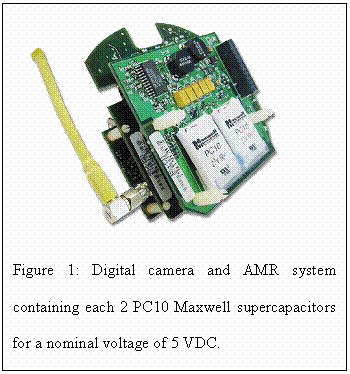 Zone de Texte:   
Figure 1: Digital camera and AMR system containing each 2 PC10 Maxwell 
 	supercapacitors for a nominal voltage of 5 VDC.

